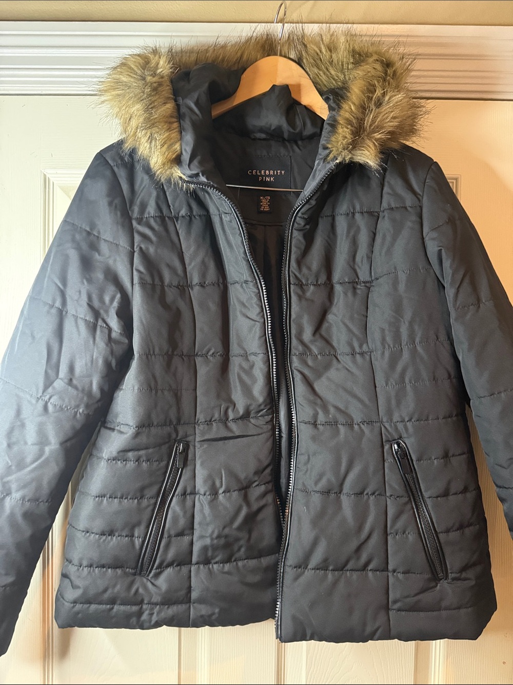 Celebrity Pink Black Quilted Puffer Jacket with Faux Fur Trim